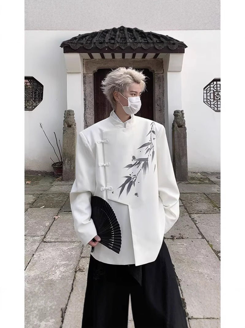 A0074 bamboo leaf print shoulder pad white suit jacket men's high-end niche suit new Chinese style men's Chinese style top
