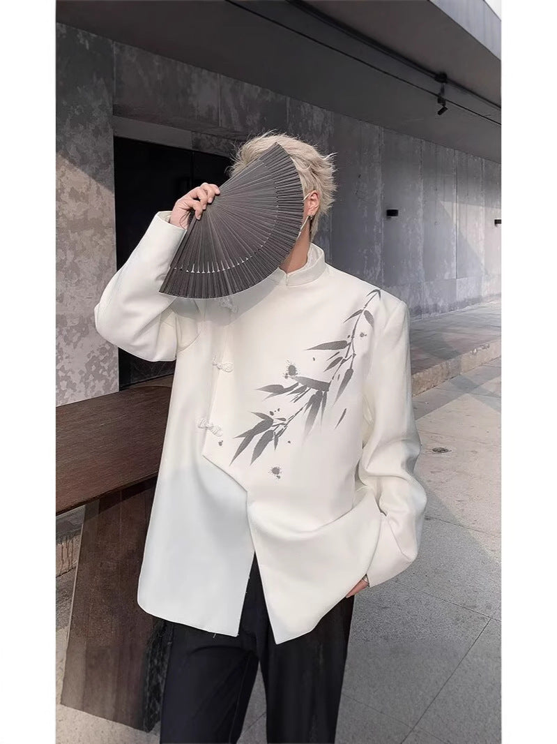 A0075 bamboo leaf print shoulder pad white suit jacket men's high-end niche suit new Chinese style men's Chinese style top