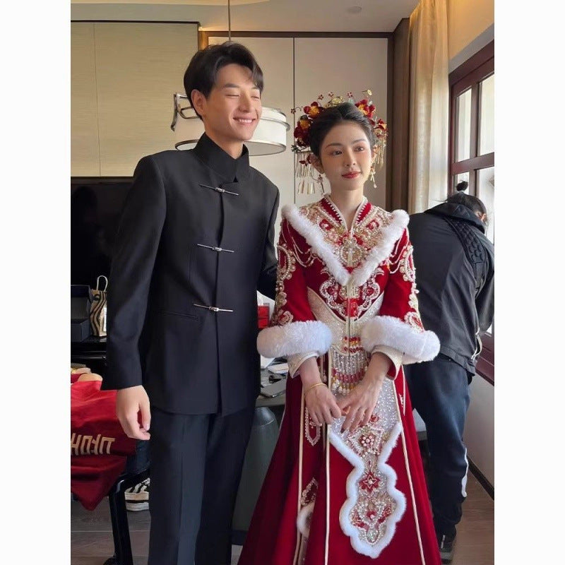 SF0106 New Chinese style Zhongshan suit men's wedding engagement wear spring and autumn Chinese style woolen suit jacket high-end handsome suit