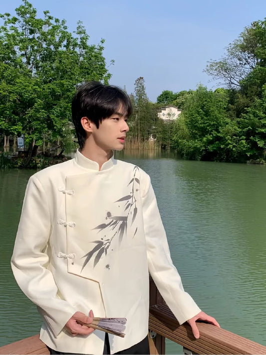 A0073 bamboo leaf print shoulder pad white suit jacket men's high-end niche suit new Chinese style men's Chinese style top