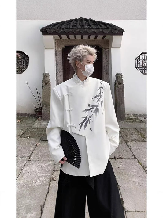 A0074 bamboo leaf print shoulder pad white suit jacket men's high-end niche suit new Chinese style men's Chinese style top