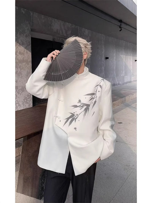 A0075 bamboo leaf print shoulder pad white suit jacket men's high-end niche suit new Chinese style men's Chinese style top