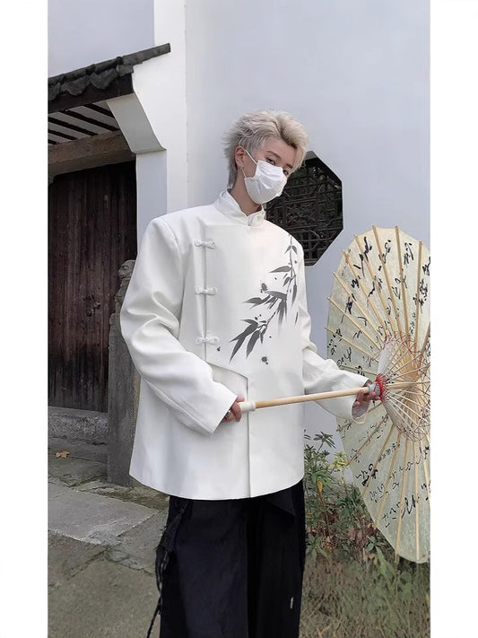 A0076 bamboo leaf print shoulder pad white suit jacket men's high-end niche suit new Chinese style men's Chinese style top