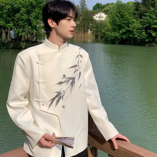 A0077 bamboo leaf print shoulder pad white suit jacket men's high-end niche suit new Chinese style men's Chinese style top