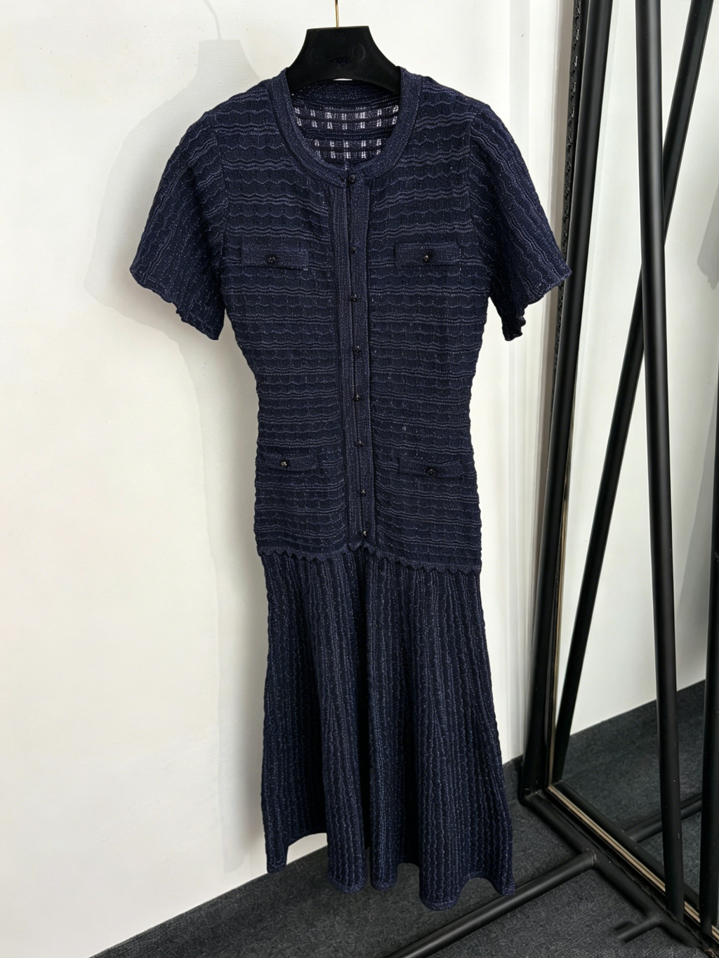 Navy Sparkle Knit Midi Dress Round Neck Short Sleeve Button Front Pocket Detail Slim Fit Flare Hem Elegant Formal Casual Long Dress for Women
