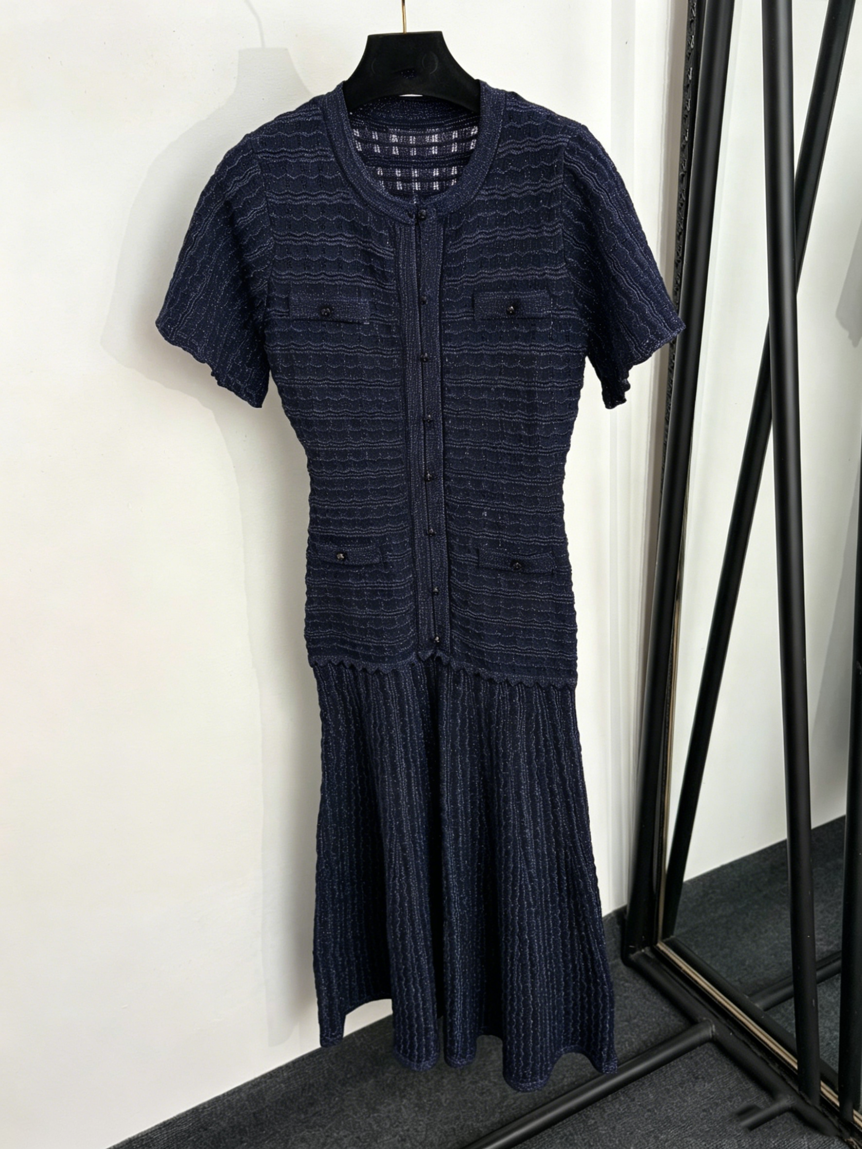Navy Sparkle Knit Midi Dress Round Neck Short Sleeve Button Front Pocket Detail Slim Fit Flare Hem Elegant Formal Casual Long Dress for Women