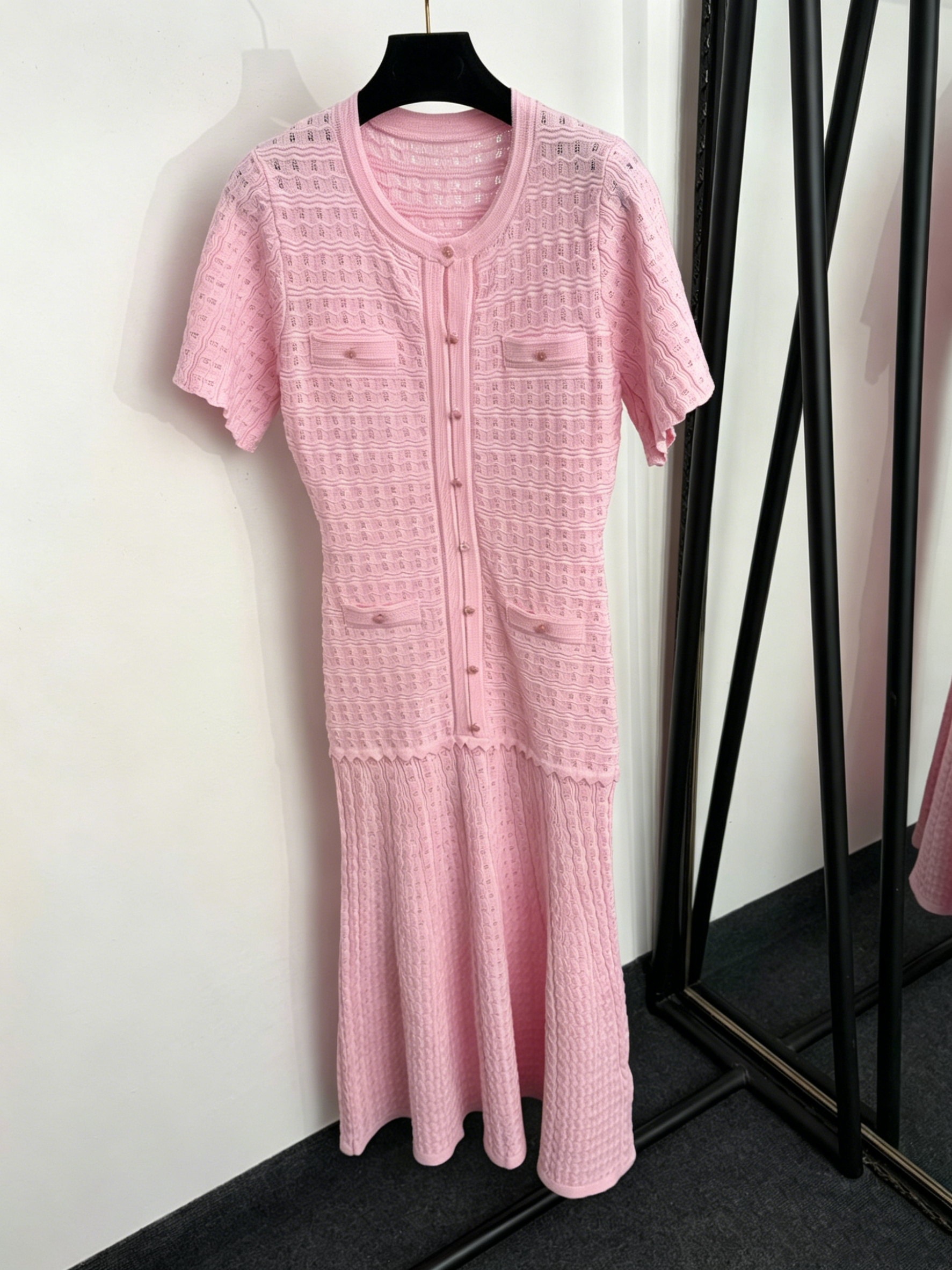 Navy Sparkle Knit Midi Dress Round Neck Short Sleeve Button Front Pocket Detail Slim Fit Flare Hem Elegant Formal Casual Long Dress for Women