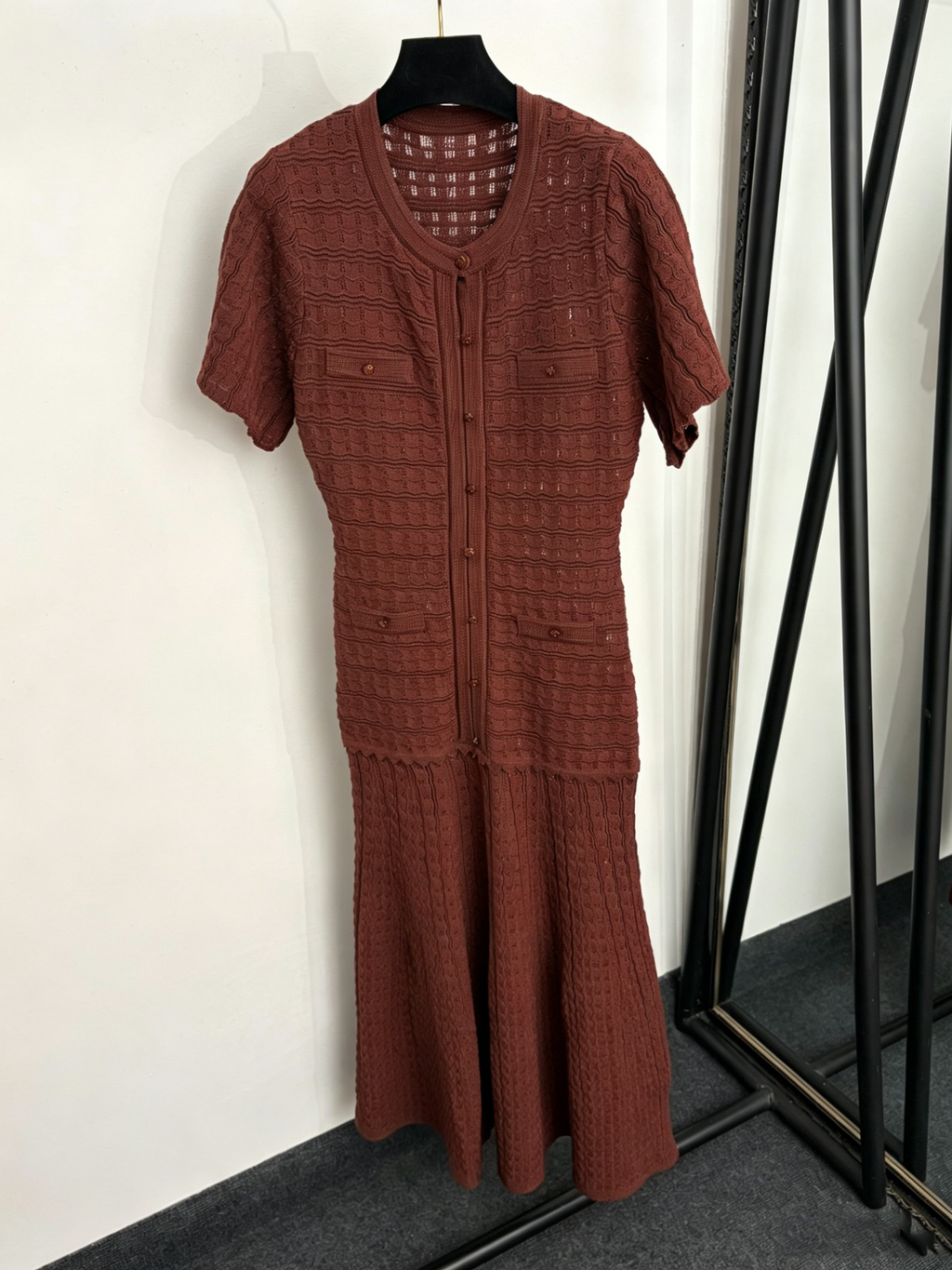 Navy Sparkle Knit Midi Dress Round Neck Short Sleeve Button Front Pocket Detail Slim Fit Flare Hem Elegant Formal Casual Long Dress for Women