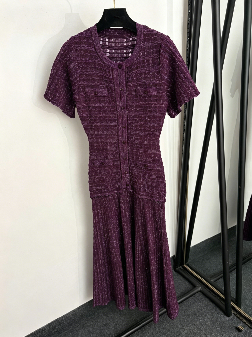 Navy Sparkle Knit Midi Dress Round Neck Short Sleeve Button Front Pocket Detail Slim Fit Flare Hem Elegant Formal Casual Long Dress for Women
