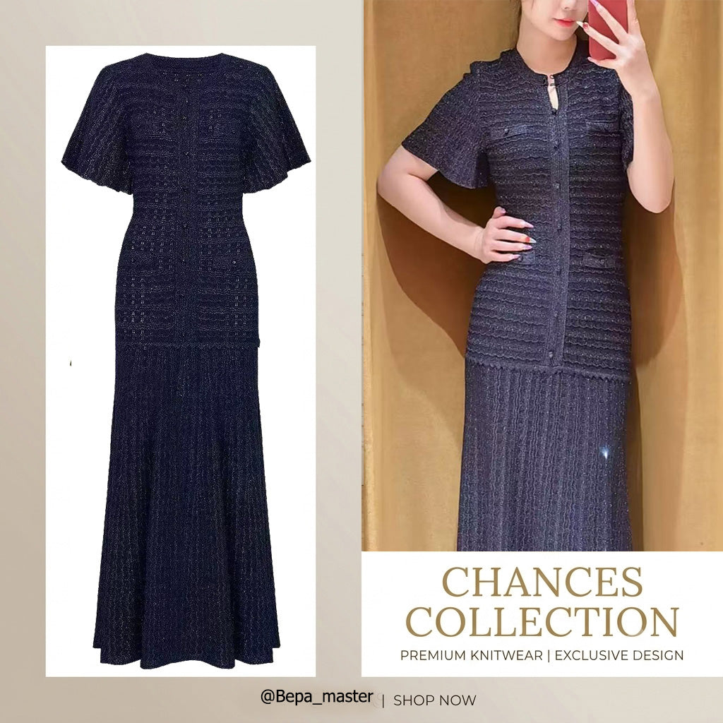 Navy Sparkle Knit Midi Dress Round Neck Short Sleeve Button Front Pocket Detail Slim Fit Flare Hem Elegant Formal Casual Long Dress for Women