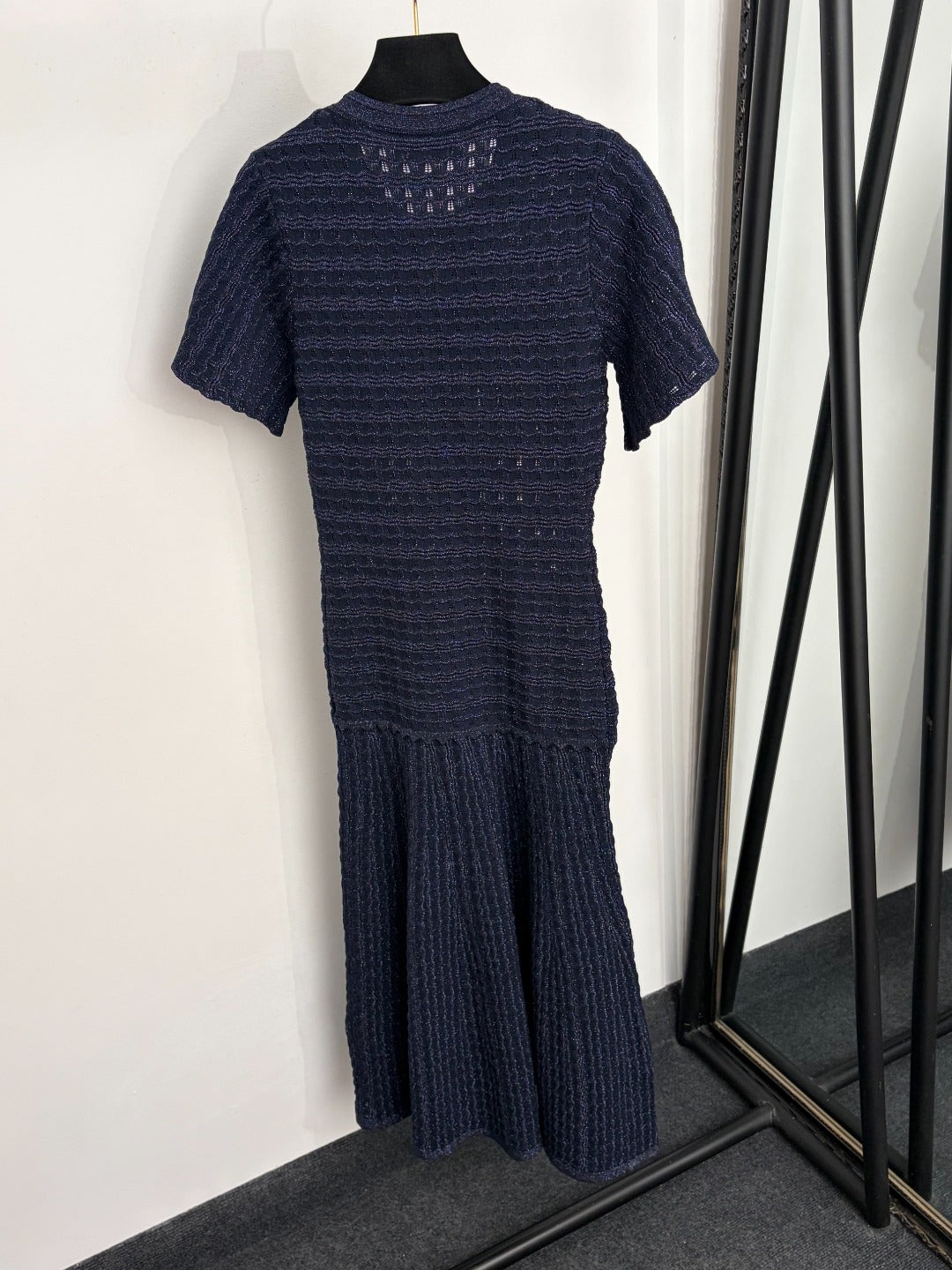 Navy Sparkle Knit Midi Dress Round Neck Short Sleeve Button Front Pocket Detail Slim Fit Flare Hem Elegant Formal Casual Long Dress for Women