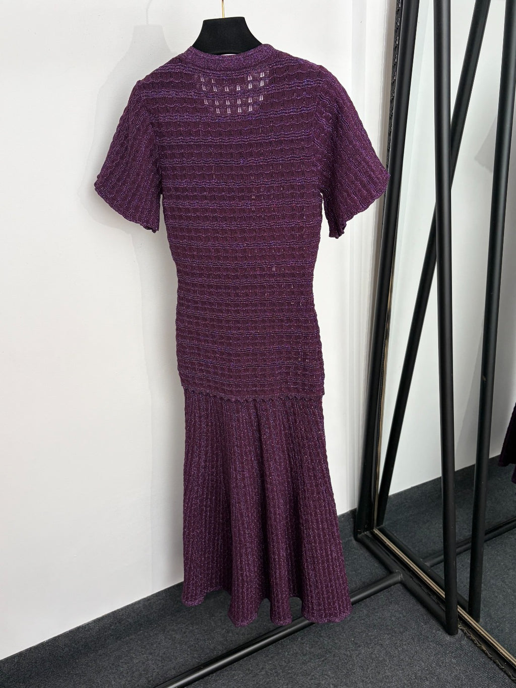 Navy Sparkle Knit Midi Dress Round Neck Short Sleeve Button Front Pocket Detail Slim Fit Flare Hem Elegant Formal Casual Long Dress for Women