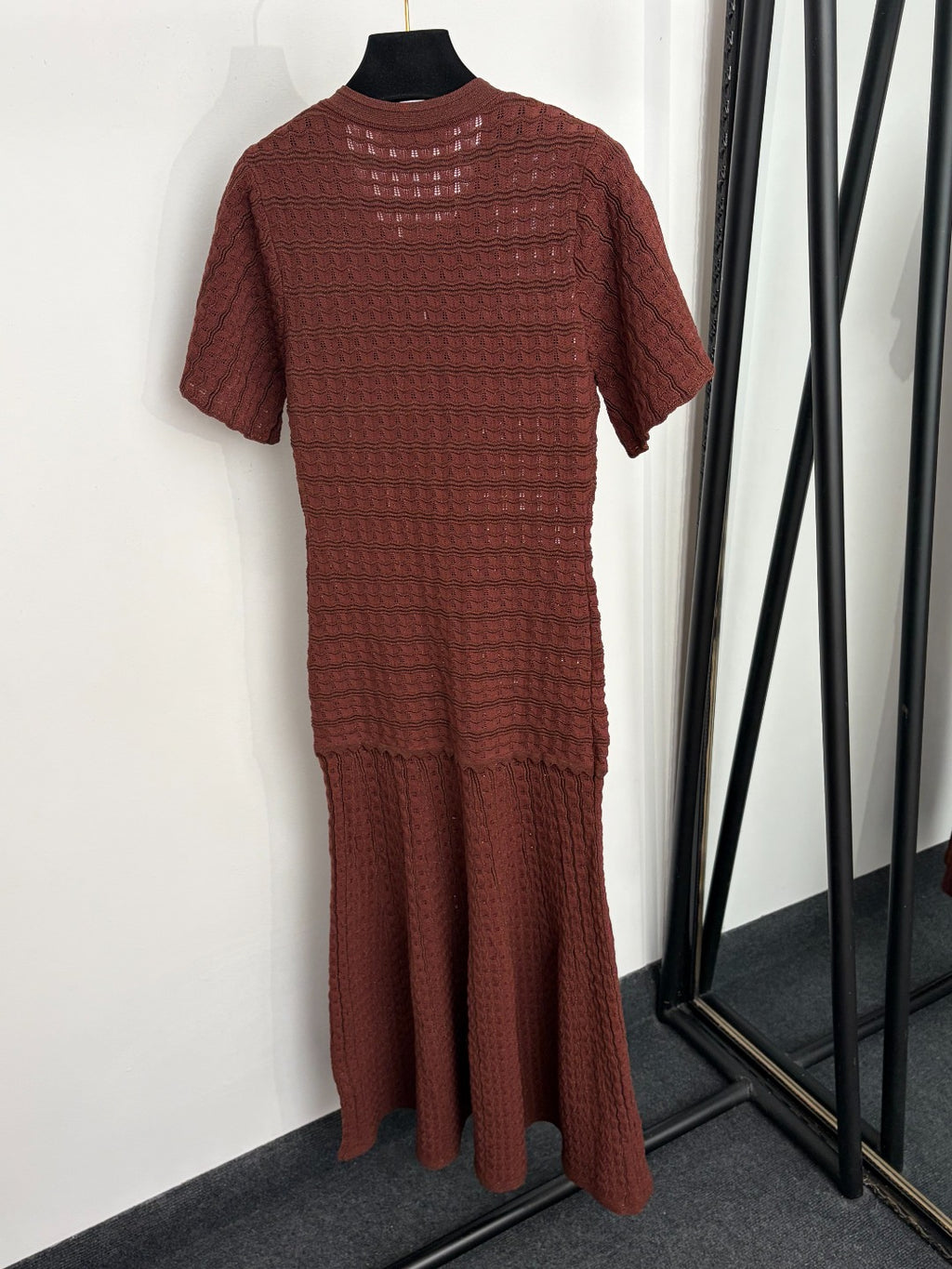Navy Sparkle Knit Midi Dress Round Neck Short Sleeve Button Front Pocket Detail Slim Fit Flare Hem Elegant Formal Casual Long Dress for Women