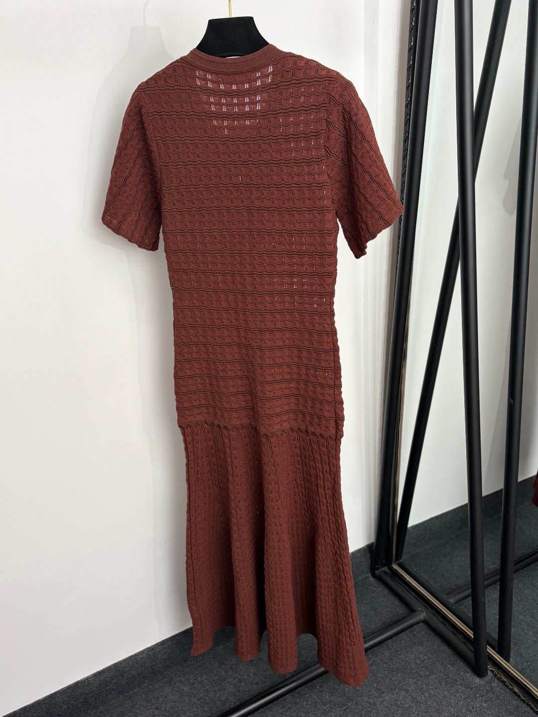Navy Sparkle Knit Midi Dress Round Neck Short Sleeve Button Front Pocket Detail Slim Fit Flare Hem Elegant Formal Casual Long Dress for Women