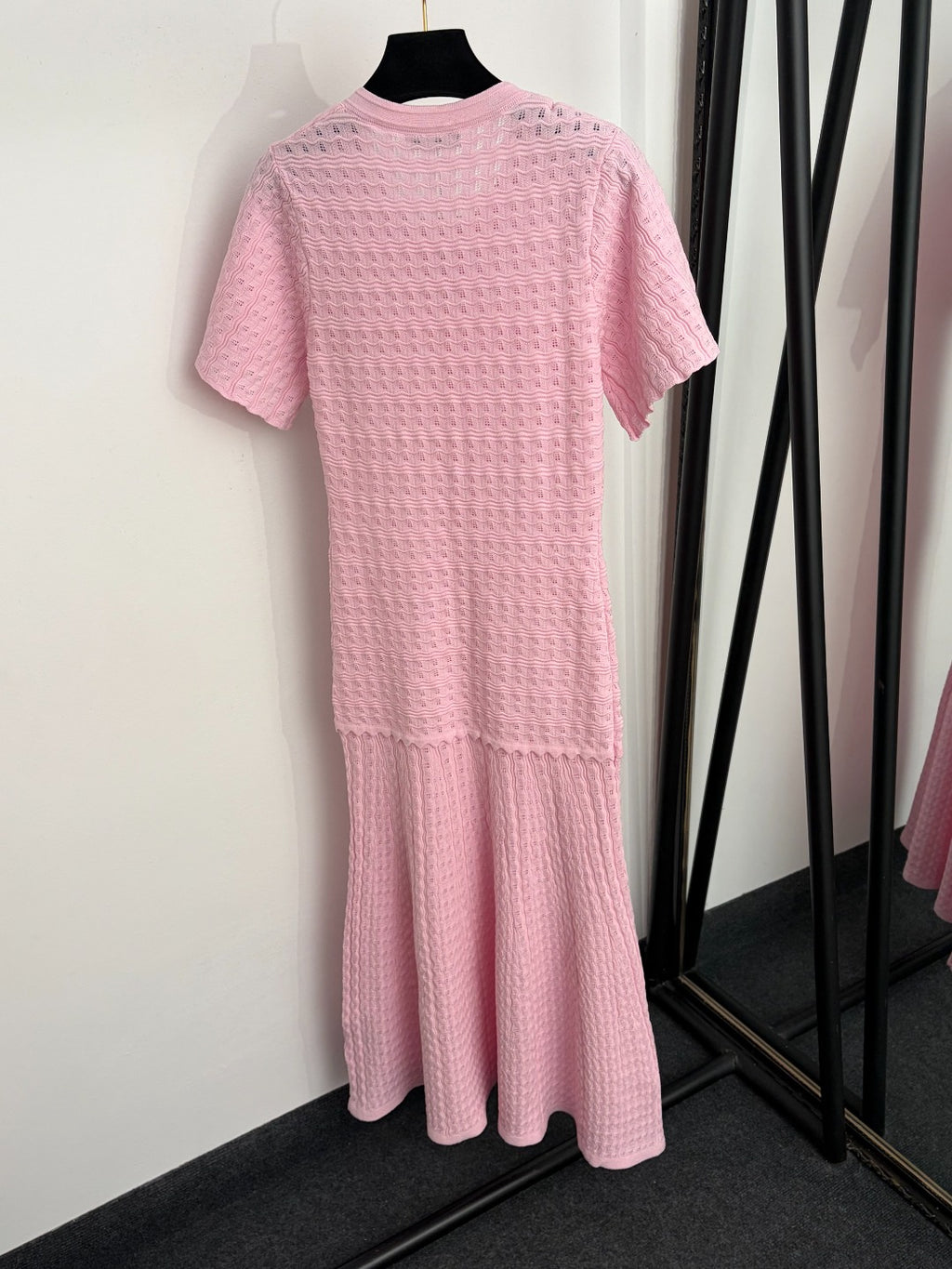 Navy Sparkle Knit Midi Dress Round Neck Short Sleeve Button Front Pocket Detail Slim Fit Flare Hem Elegant Formal Casual Long Dress for Women